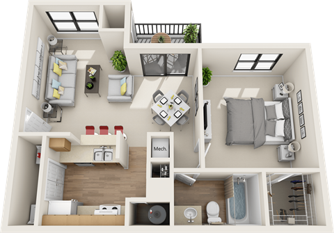 1 bedroom 1 bath floor plan A at St. Johns Forest Apartments, Florida